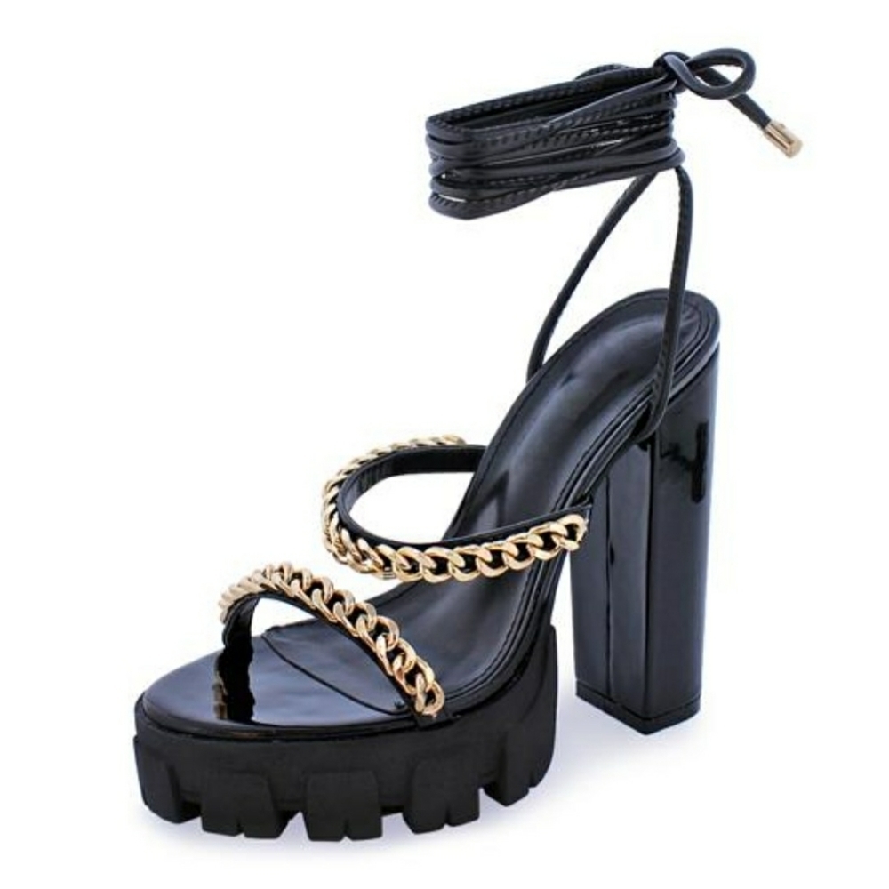Double Chain Platform Strap Up Heels- Black 🖤